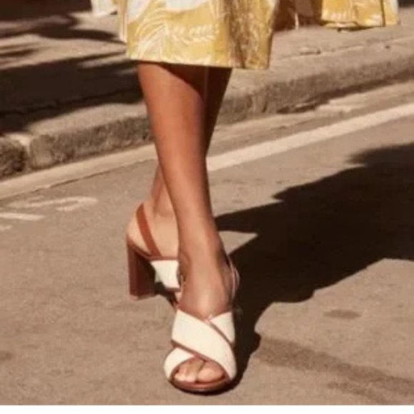 Sezane High Maud Sandals Linen Camel Block Heel Size 38 French or US 7 Cross - Picture 4 of 10